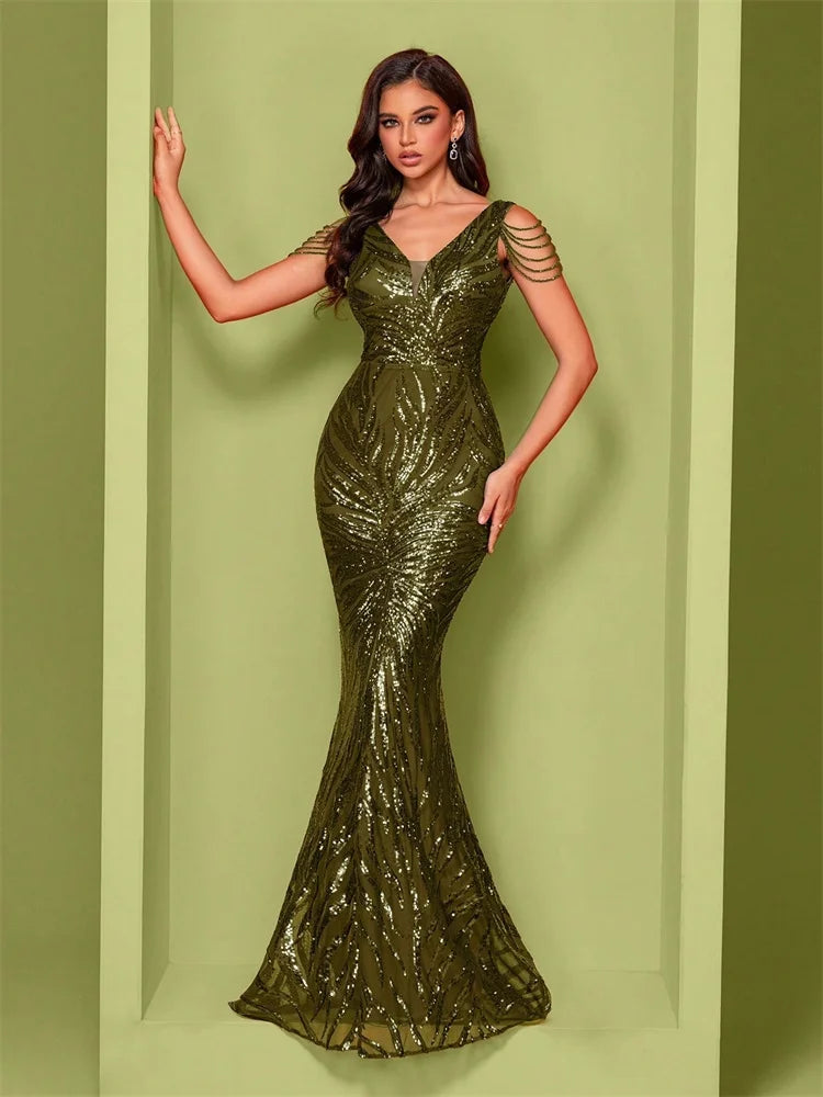 Elegant V-Neck Beading Green Sequin Evening Dress Long New Luxury Women Formal Mermaid Party Prom Cocktail Gowns