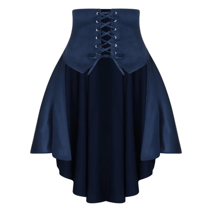 Womens Gothic Steampunk Satiny Pirate Skirt Front Lace-up Tiered Ruffled Irregular Hem Skirt Waist Belt Vintage Medieval Costume