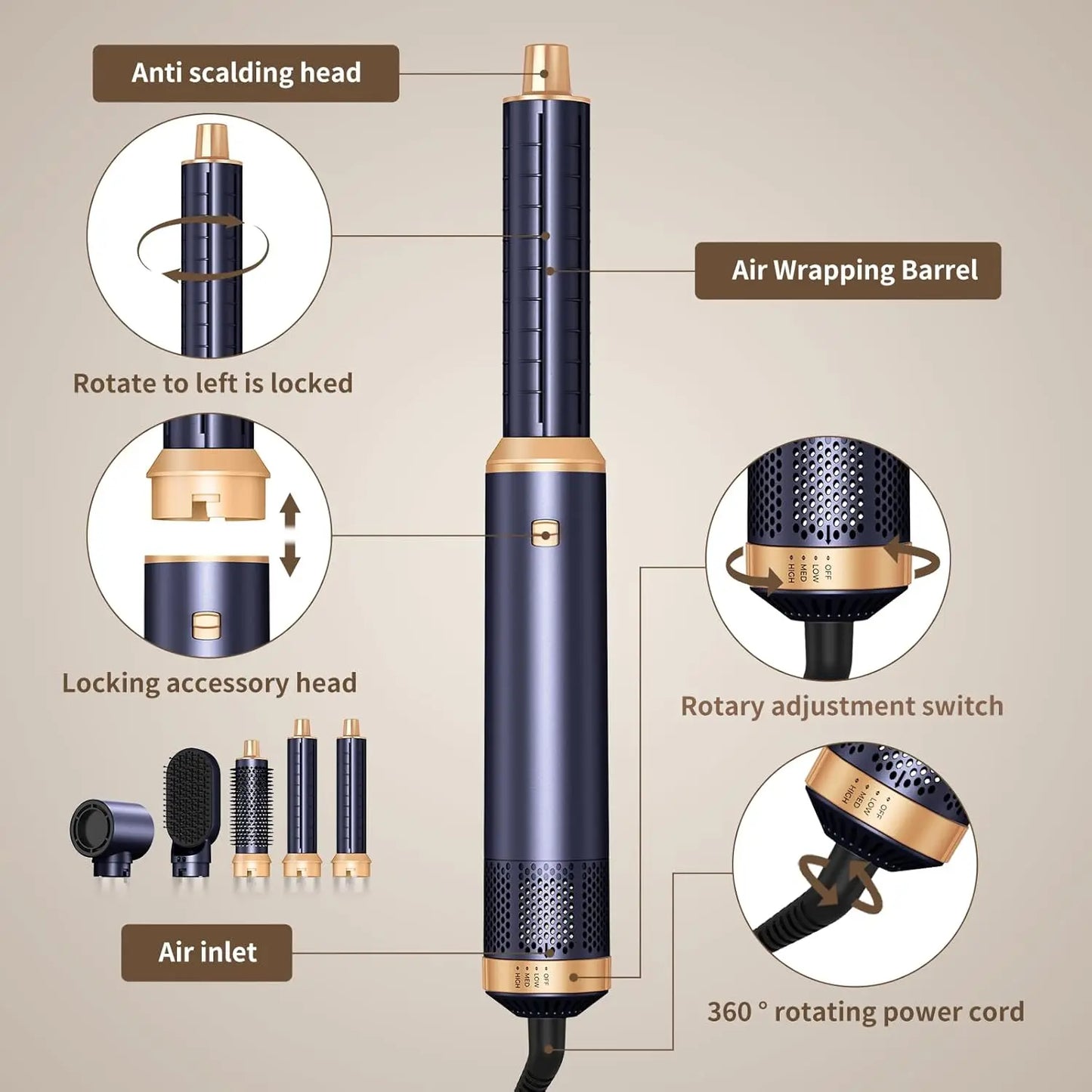 5 in 1 Hair Dryer Brush, Negative Ion Air Styler Wrap Hair Styler Upgrade Blow Dryer Brush Air Curler for Hair, Blowout Brush