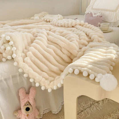 Solid Color Striped Fluffy Blanket Milk Velvet Soft Blanket with Cute Pompoms 3D Stereo Craft Travel Warm Bedding All Season