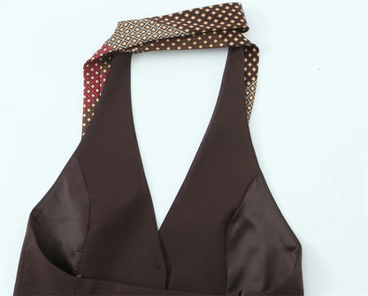 Women's Top 2026 Spring New Style Dark Brown Sleeveless Halter Neck with Tie Decoration Vest Sexy Fashion Unique and Versatile