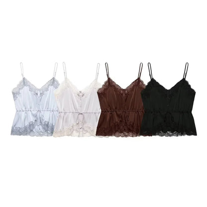 Women's Top 2026 New Spring Summer Lace Decoration Satin Textured Top for Women Chic Personality Female Spaghetti Strap Top