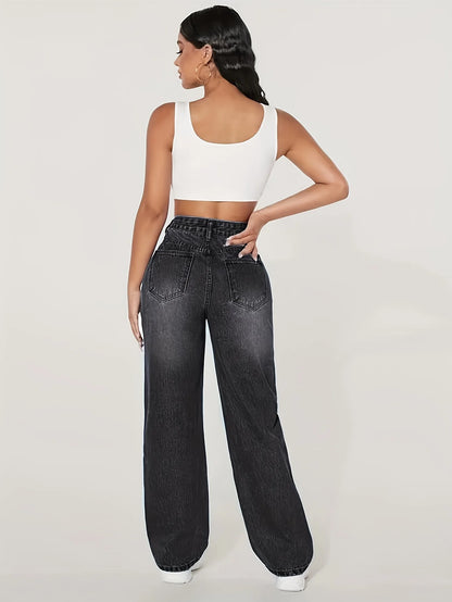 Loose Fit Elastic Fashionable Wide Leg Jeans, Blue Distressed Loose Wide Leg Jeans