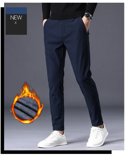 Fleece Pants Thick Men's Winter New Stretch Slim Business Warm Korean Fashion Plush Classic Trousers Male Brand 28-38