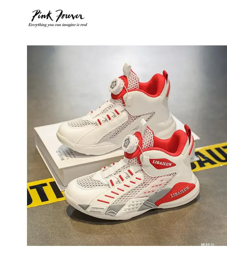 Kids Sneakers Basketball Shoes Boys Spring Fashion Rotating Button Anti-slip Shock Absorption School Students Sports Shoes