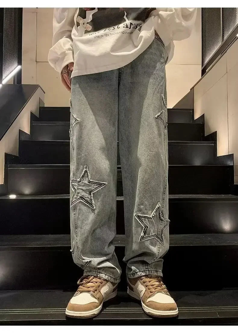Star Embroidered Straight Casual Men's Jeans Y2K Gothic Unisex New Wide-leg Loose, Comfortable Fashionable Youth Street Jeans