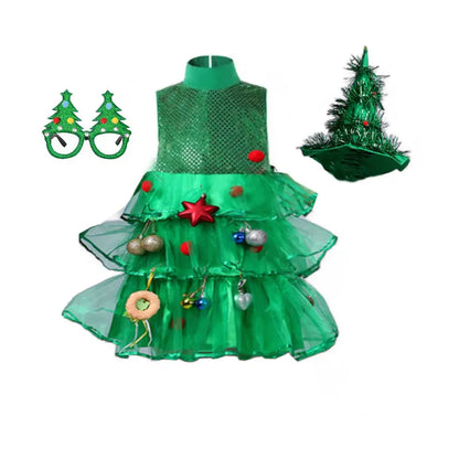 2 4 6 8 10 Yrs Fancy Christmas Tree Dress for Little Girls Xmas Party New Year Frock Kids Santa Claus Lovely Pinetree Ball Gown