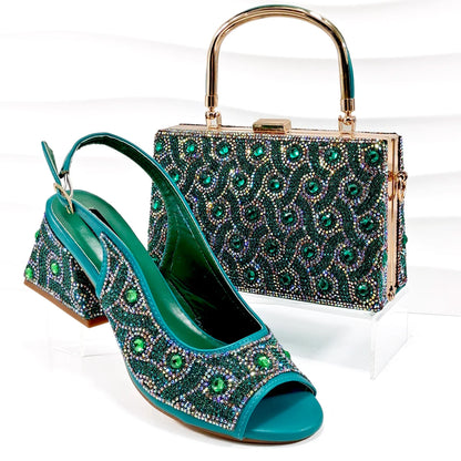 2026 Strass Design INS Mais Vendido Recém-chegados Sapatos e Bolsa Africanos na Cor Verde Salto Confortável Feminino de Bico Aberto