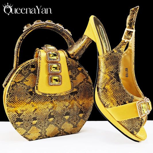 Luxurious Italian Women's Party Shoes&Bag Set Elegant Golden Rhinestone  Sandals with Peep Toe High Heels Wedding