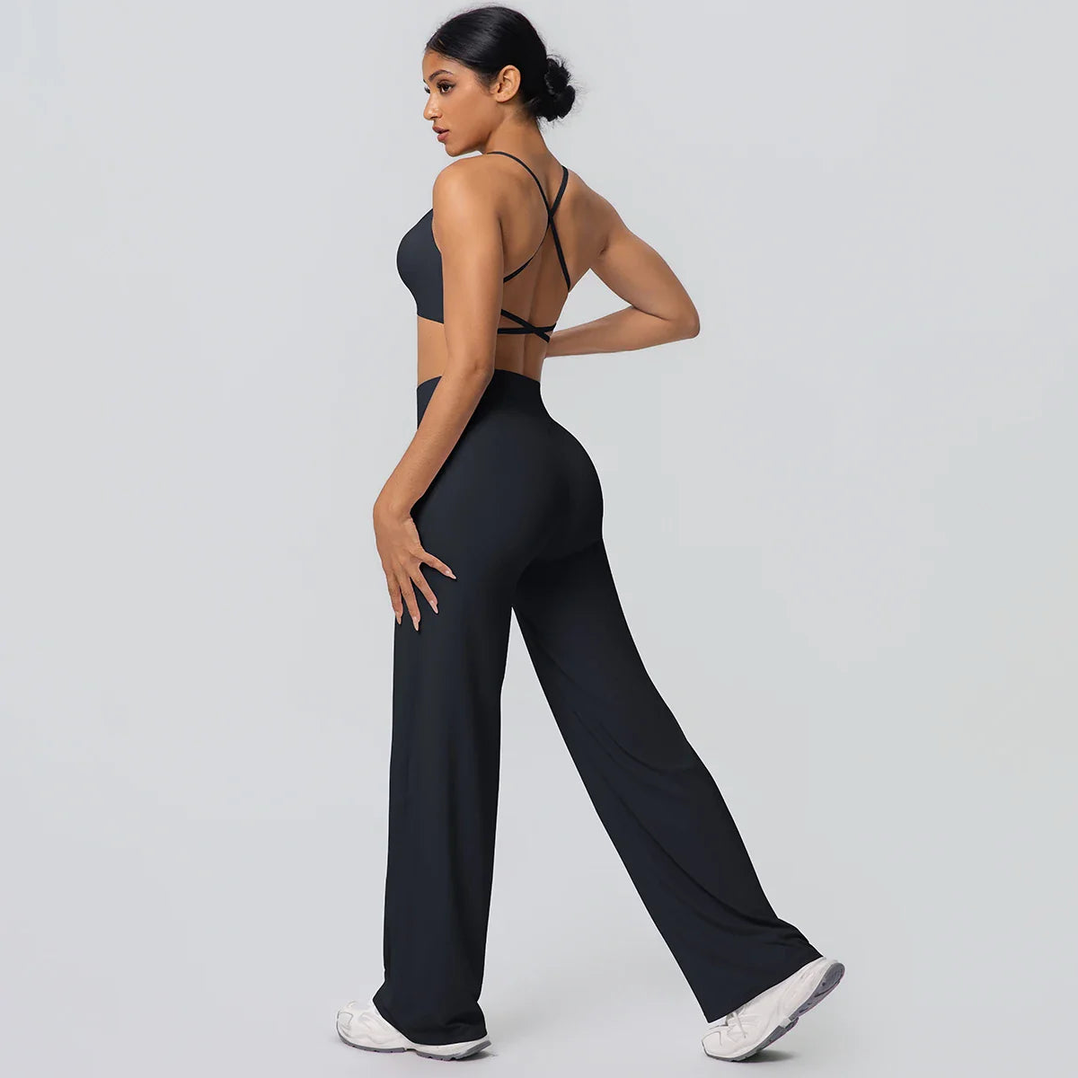 Women Gym Sports Yoga Suit Sexy Beautiful Back Yoga Underwear With Chest Pad Solid Color High Waisted Wide Leg Pants Yoga Set