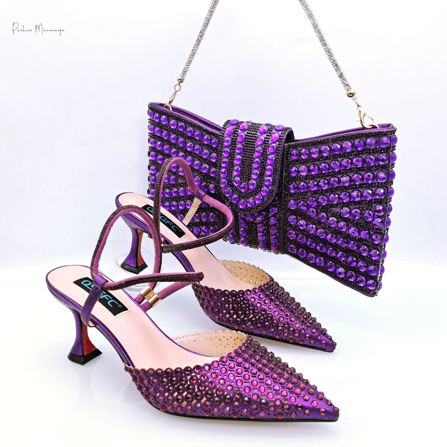 Hot Selling Italian Design African Women's Crystal High Heel Toe Sandals Party Wedding Party Silver Shoes and Bag Set