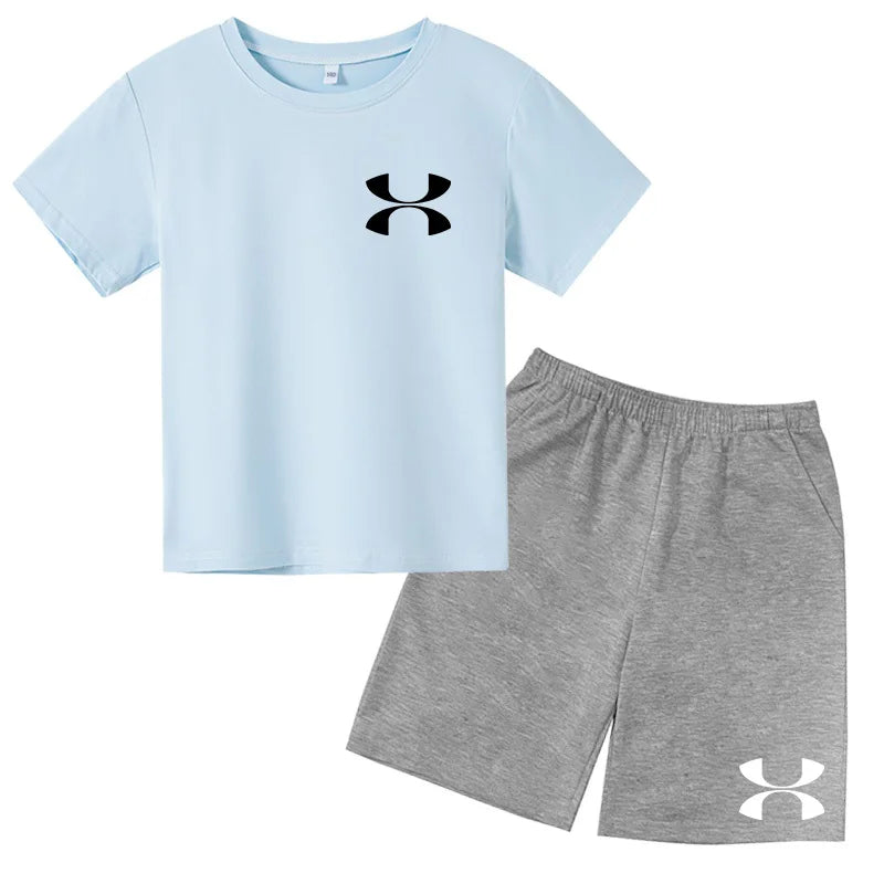 Fashion Two-Piece Casual t-shirt Set Kids  Summer Sports Short-Sleeved Boy Girl 3-13Yrs  T-shirt +Shorts