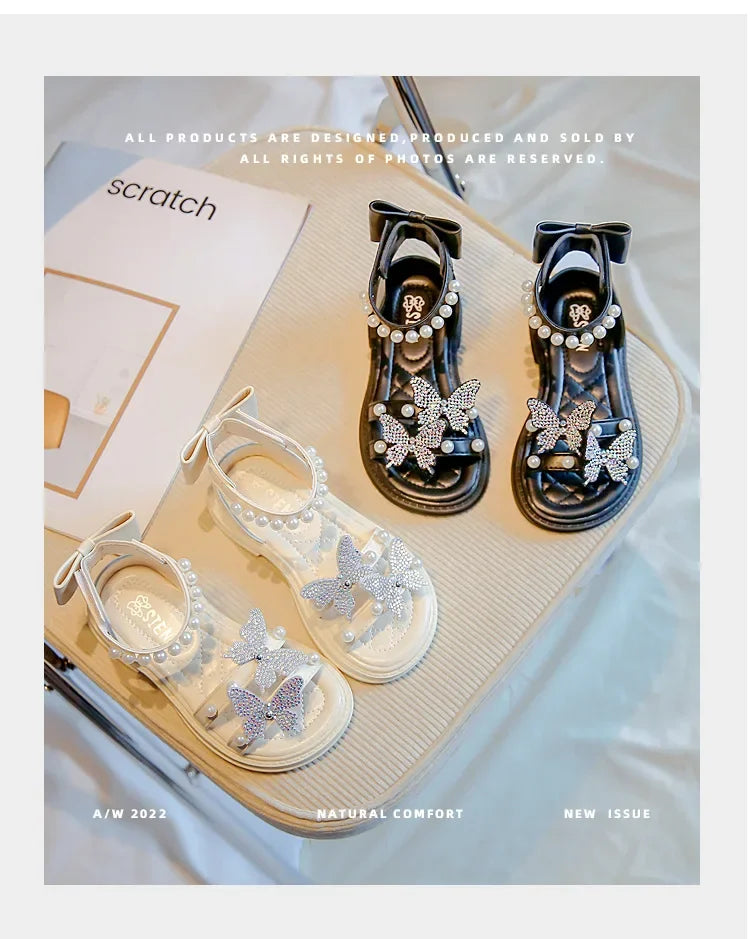Kids Roman Sandals 2024 New Girls'  Princess Shoes with Butterfly Girl Fashion Sweet Pearl Beach Shoes with Back Knot Anti Slip