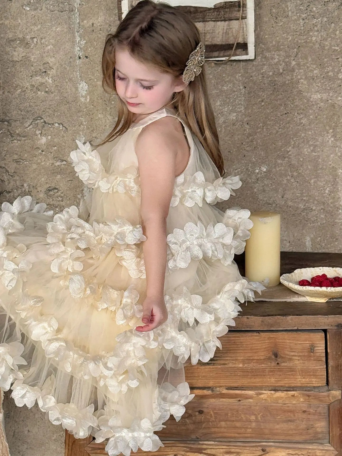 2025 Spring Summer New Children Clothing Girls Neck Hanging Flower Layered Long Dress Korean Children Birthday Princess Dress