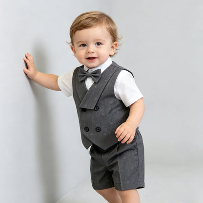 Kids Boys Formal Suit Set Denim Gray Vest Shorts Bowtie 3PCS Wedding Birthday Party Gentleman Outfit for Toddler 1-8Yrs Clothes