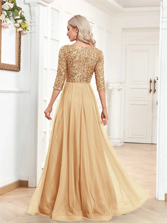 Luxury Gold Floor Length V-Neck Tulle Splicing Evening Dress Women Elegant Party Maxi Sequins Short Sleeves Cocktail Gowns