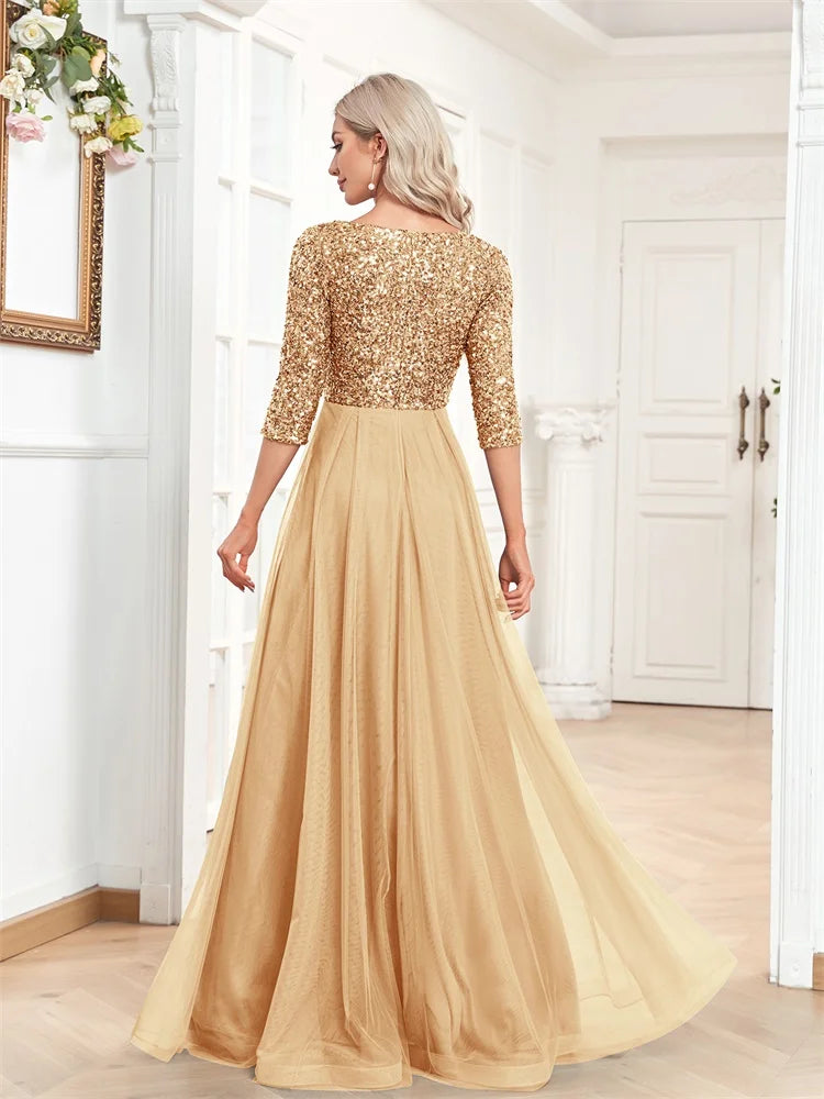 Luxury Floor Length V-Neck Evening Dress 2025 Women Elegant Party Maxi Dress Sequin Short Sleeves Prom Cocktail Gown