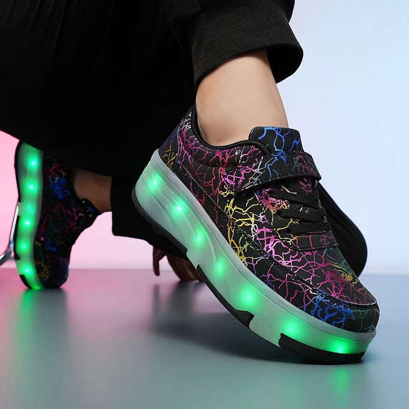 4 Wheel Dual-Use Roller Skates with Detachable Wheels ,Sneakers with LED Boys Girls Shoes with Wheels,Speed Skate Sizes 29-42