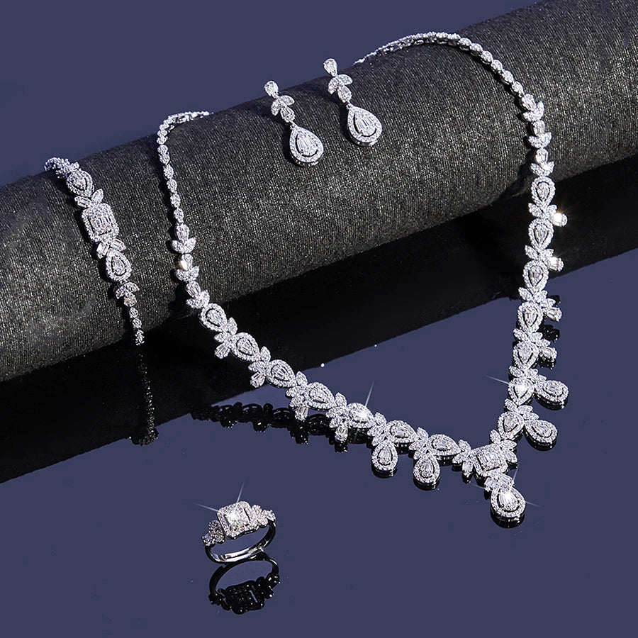 Luxury Cubic Zirconia Necklace Bracelet Earrings And Ring 4pcs Dubai Full Jewelry Set For Women