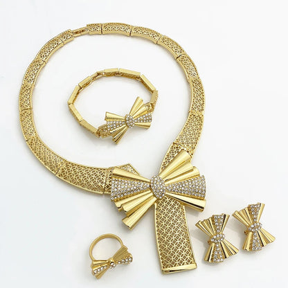 Conjunto de Joias Femininas Banhadas a Ouro 18k, Design Clássico, Colar, Brinco, Pulseira e Anel, Conjunto de 4 Peças, Joias para Festa de Casamento, Itália