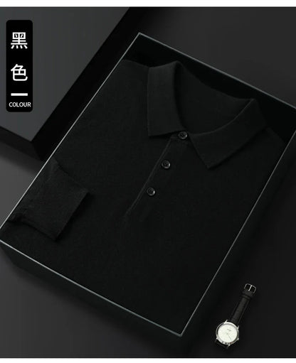 Spring Autumn Men Shirt  Merino Worsted Wool Knitted Pullover Long Sleeve Polo-Collar Clothing Tops Smart Casual Thin Outerwears