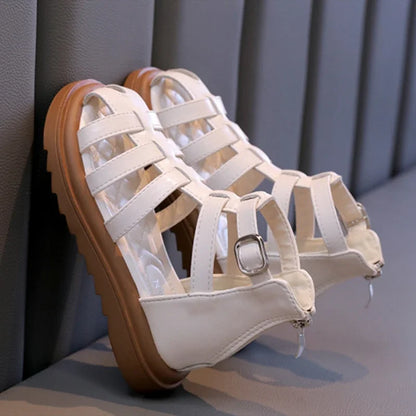 British Style Children's Sandals Girl 2024 Summer Kids Hollow-out Beach Shoes Fashion Causal Girls High-top Simple Roman Sandals