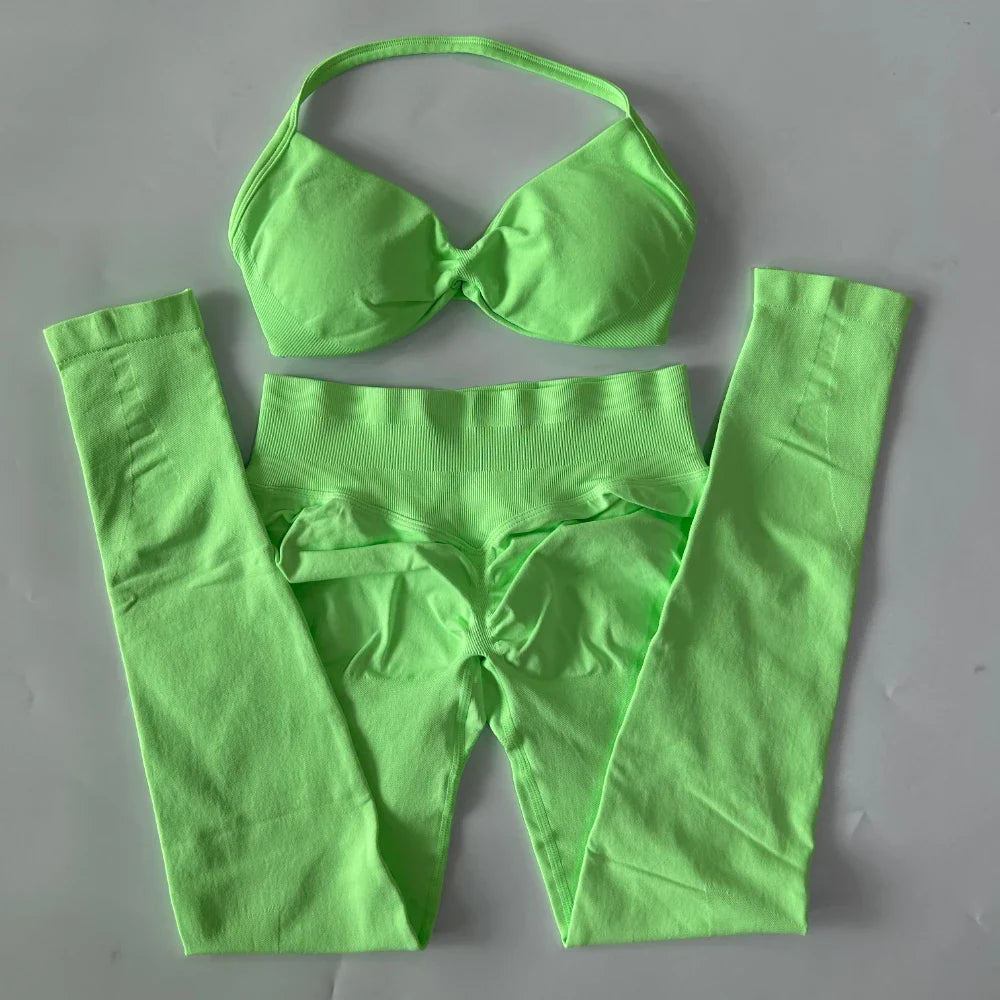 2 Pieces Set For Woman Strappy Yoga Bra Sports Top Workout Leggings Set Seamless Gym Set Fitness Clothes Outfit Activewear