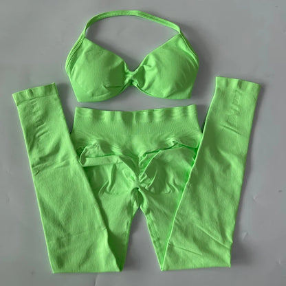 2 Pieces Set For Woman Strappy Yoga Bra Sports Top Workout Leggings Set Seamless Gym Set Fitness Clothes Outfit Activewear