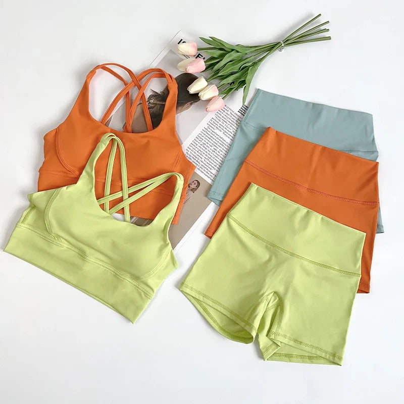 2Pcs Yoga Sets Naked Feel Gym Set Women Workout Clothes High Waist Yoga Shorts And Strappy Sports Bra Short Sets Summer