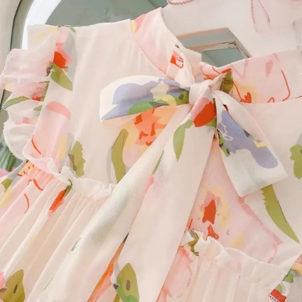 Girls Summer Party Sweet Fashion Clothes Sleeveless Print A-Line Layered Casual Dress 1 Pc 4-13 Years Kids Vacation Wear