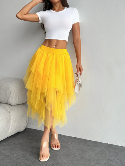 Ladies' high waisted elastic waist layered chiffon midi skirt with irregular asymmetric hem party casual mesh fairy ballet skirt