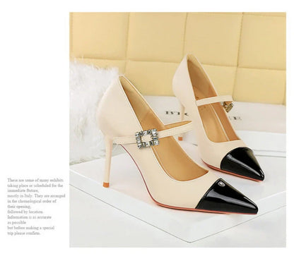 Banquet High Heels Thin Heels Light Mouth Color-Blocked Pointed Toe Rhinestones One-Strip Ultra High Heels Single Shoes Elegant