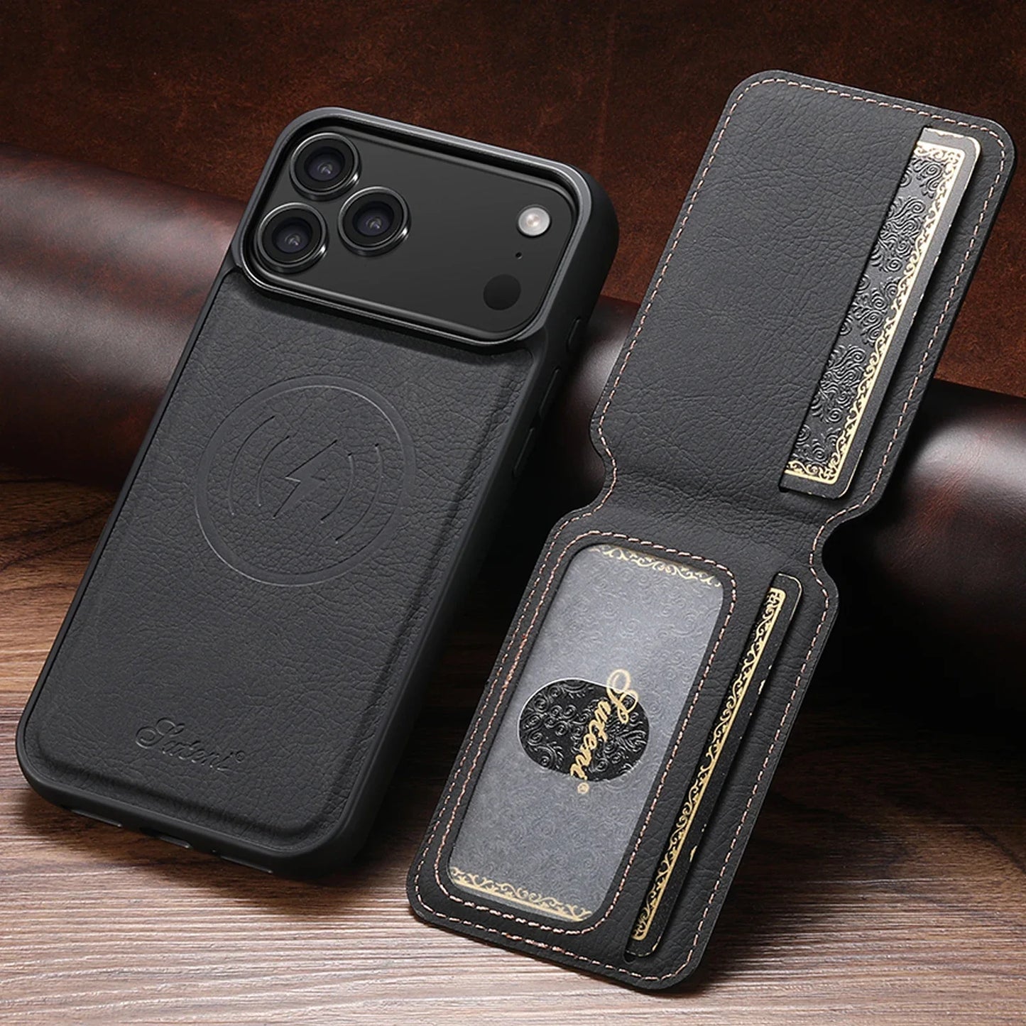 Wireless Charging Phone Case Magnet Card Holder Stand Faux Leather For iPhone 17 Pro Max 16 Plus 15 14 13 12