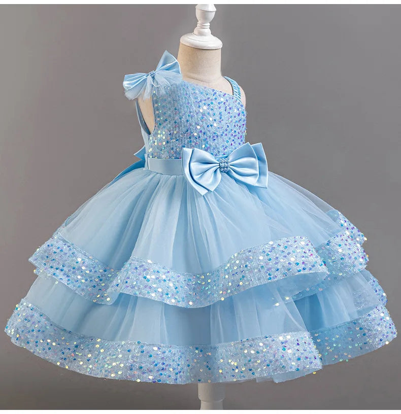 Girl's New Sequined Bow Irregular Collar Mesh Princess Dress Christmas Birthday Party Sweet and Cute Evening Dress