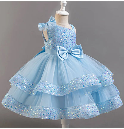 Girl's New Sequined Bow Irregular Collar Mesh Princess Dress Christmas Birthday Party Sweet and Cute Evening Dress
