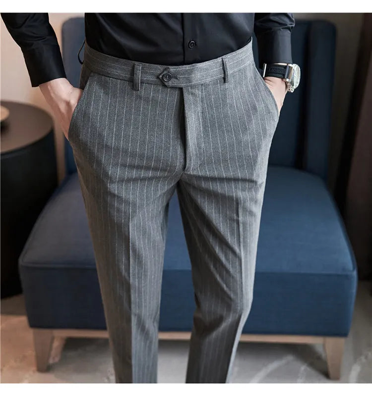 Men's Slim Fit Pinstripe Dress Pants, Stretch Comfort and Thickened Fabric for Business Casual Office Wear