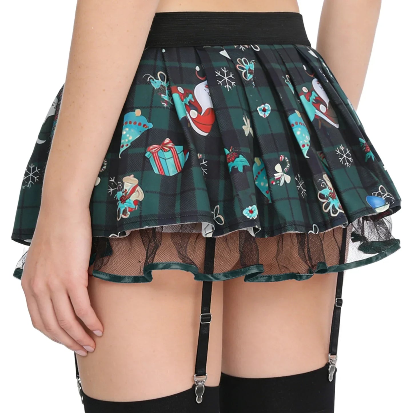 Women's Miniskirt with Garters Schoolgirl Cosplay Costume Plaid Layer with Tulle Lining Elastic Waistband Short Skirt Clubwear