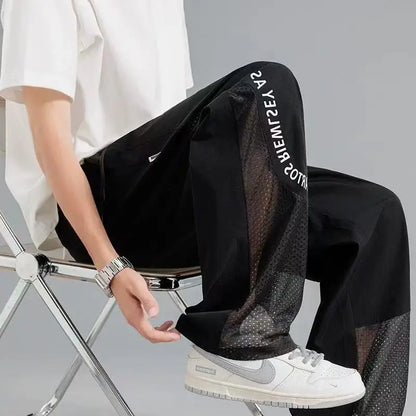 Men's Ice Silk Pants, Summer Thin Mesh Breathable Sports Loose Casual Long Pants, Cool Touch, Mosquito Proof Pants