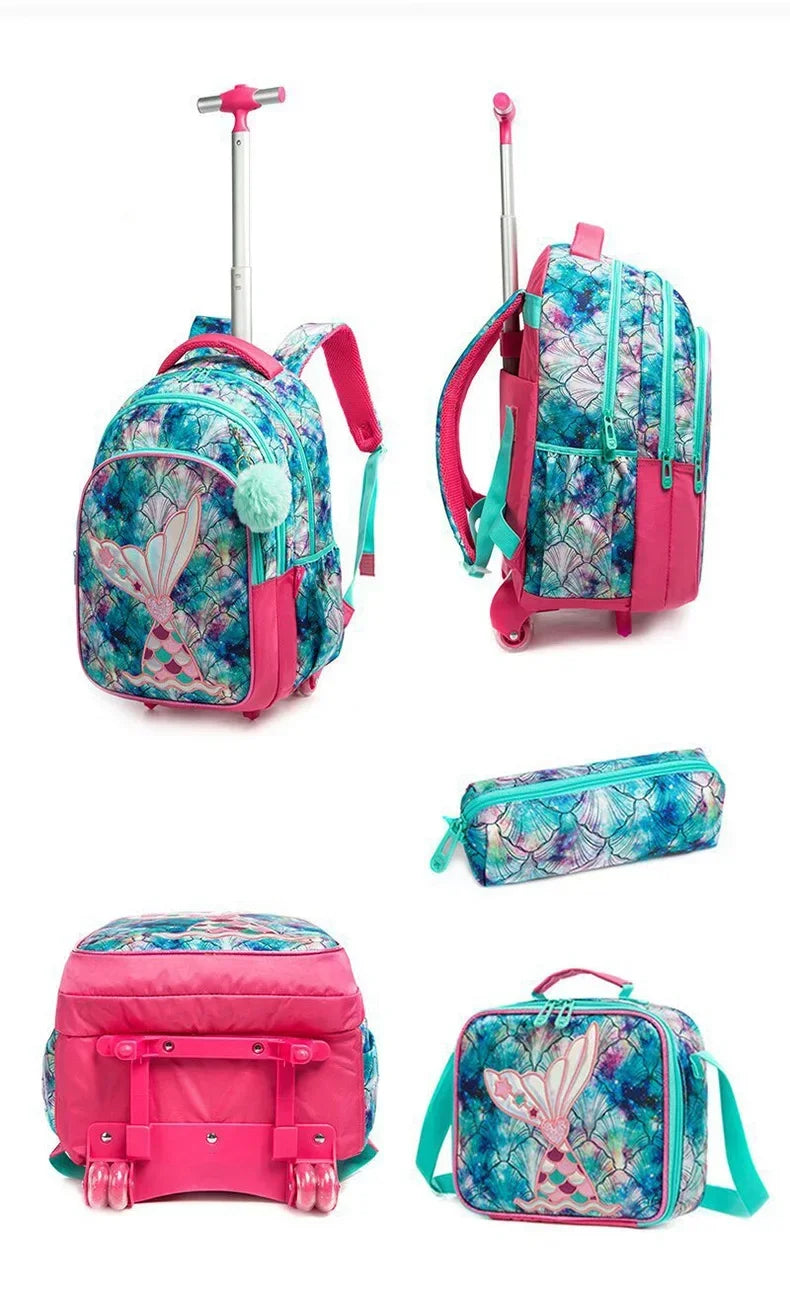 Children's Wheeled Backpack Bag Set with Lunch Box School Rolling Backpack Bag with Wheels School Trolley Backpack Bag for Girls