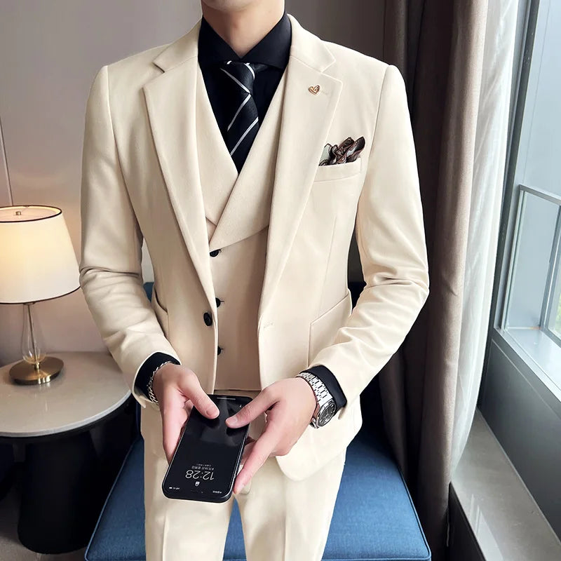 2025 Autumn Winter New Thickened Warm Woolen Blazer Set for Men Korean Version Slim Fit Groom Best Man Wedding Suit Formal Wear