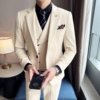 2025 Autumn Winter New Thickened Warm Woolen Blazer Set for Men Korean Version Slim Fit Groom Best Man Wedding Suit Formal Wear