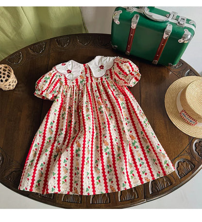Kid Girl Adorable Short Sleeve Dress Red White Vertical Stripes Bunny Strawberry Print Peter Pan Collar Skirt for Children