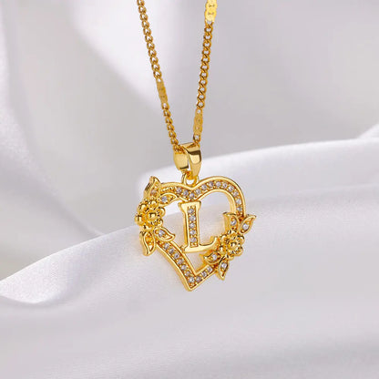 Flower Zircon Initial Heart Pendant Necklaces For Women 2024 Trend Stainless Steel Letter Necklaces Jewelry Best Friend Gifts