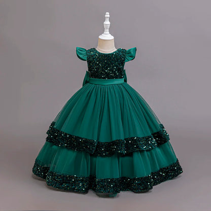 2025 New Elegant Girl Wedding Dress Sequined Mesh Princess Dress 4-12 Year Old Girl Graduation Party Prom Evening Dress