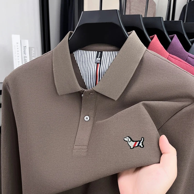 100% pure cotton autumn high-end luxury men's brand long sleeved polo shirt original embroidered dog design golf top T-shirt