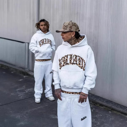High street fashion leopard print letter embroidered men sportswear suit Y2K American casual retro hoodie trend loose clothing
