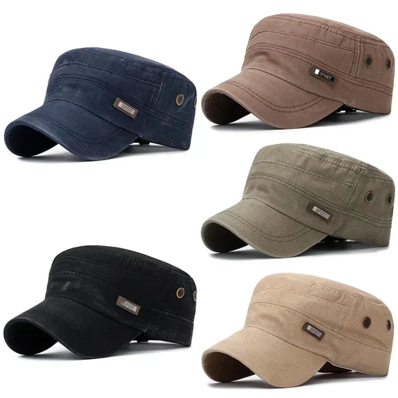 Vintage Washed Cotton Military Caps Flat Top Baseball Cap Adjustable Fitted Thicker Cap Sun Protection Men Women Cadet Army Cap