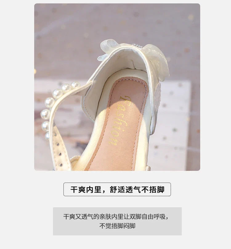 2025Summer Girls Sandals With Heel Fashion Rhinestone Shiny Glitter Shoes Children Princess Bowtie Pearl Dancing Shoes