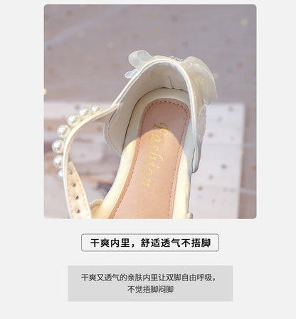 2025Summer Girls Sandals With Heel Fashion Rhinestone Shiny Glitter Shoes Children Princess Bowtie Pearl Dancing Shoes
