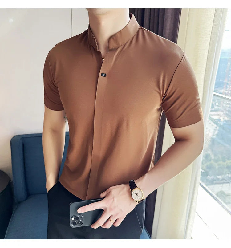 Men's High Elastic V-neck Polo Shirt, Thin Short-sleeve T-shirt, Business Casual Men's Top, 2024 High Quality, M-4XL.
